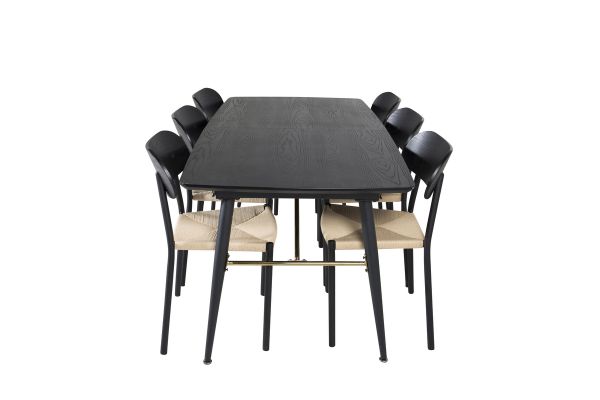 Imagine Tabel de extensie Gold - 180/220*85*H76 Furnir negru - Picioare negre - Detalii din alama + Set de 2 scaune de dining din oțel Polly, K/D, Spătar negru - Scaun cu lumină spate _6