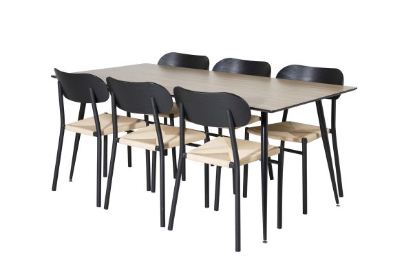 Imagine Masa de dining Silar - 180 cm - "Wood Look" Melamina / Picioare negre + Set 2 scaune de dining Polly, K/D, Spatar negru, Scaun luminos spate - 6