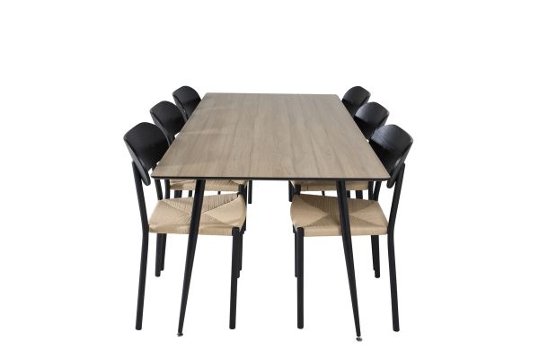 Imagine Masa de dining Silar - 180 cm - "Wood Look" Melamina / Picioare negre + Set 2 scaune de dining Polly, K/D, Spatar negru, Scaun luminos spate - 6