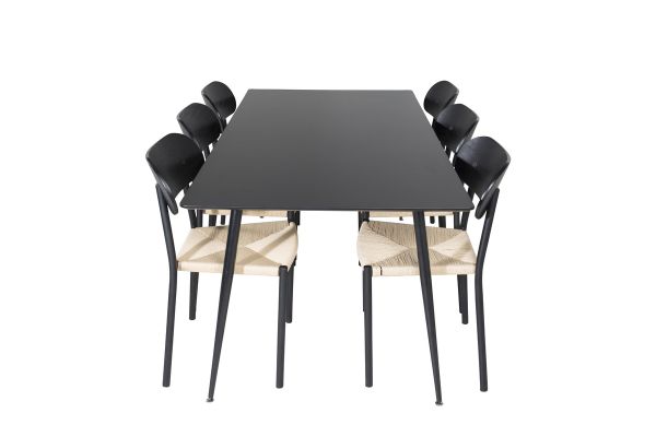 Imagine Masa de dining Silar - 180 cm - Melamina neagra / Picioare negre + Set 2 scaune de dining din otel Polly, K/D, spatar negru, scaun cu lumina spate - 6