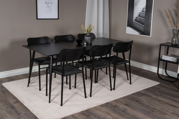 Imagine Masa de dining Silar - 180 cm - Melamină neagră / Picioare negre + Set 2 scaune de dining Polly - Negru / Negru