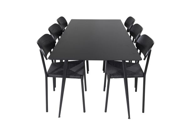 Imagine Masa de dining Silar - 180 cm - Melamină neagră / Picioare negre + Set 2 scaune de dining Polly - Negru / Negru