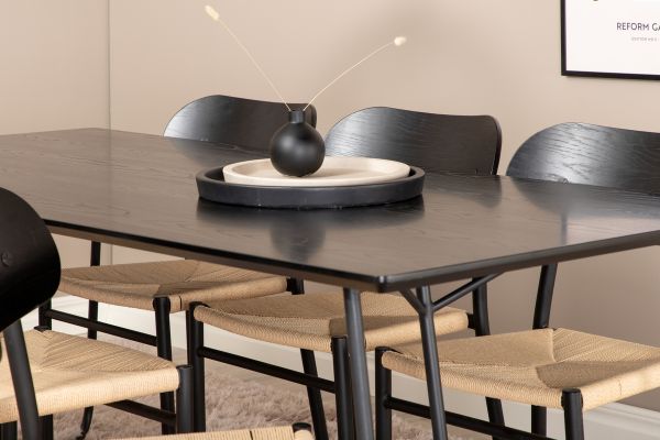 Imagine Masa de dining Pippi - MDF negru / furnir negru + Set de 2 scaune de dining din otel Polly, K/D, spatar negru si scaun cu lumina - 6