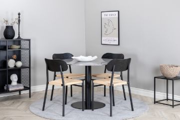 Imagine Masa de dining Razzia 106cm - Terazzo gri / Negru + Pachet de 2 scaune de dining din oțel Polly, K/D, spătar negru, 