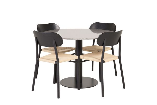 Imagine Masa de dining Razzia 106cm - Terazzo gri / Negru + Pachet de 2 scaune de dining din oțel Polly, K/D, spătar negru, 