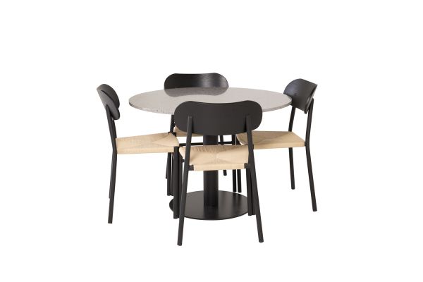 Imagine Masa de dining Razzia 106cm - Terazzo gri / Negru + Pachet de 2 scaune de dining din oțel Polly, K/D, spătar negru, 