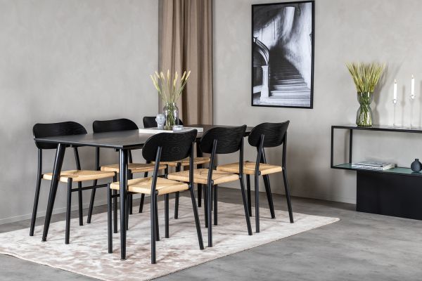 Imagine Masa de dining Dipp - 180*90cm - Furnir negru / picioare complet negre + Scaun de dining din oțel Polly, pachet de 2 bucăți, K/D, spătar negru, 6