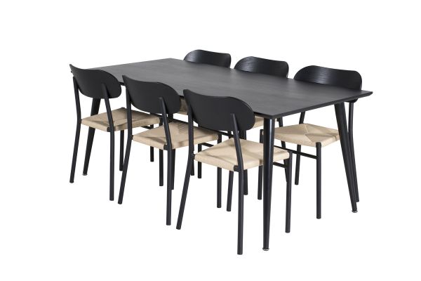 Imagine Masa de dining Dipp - 180*90cm - Furnir negru / picioare complet negre + Scaun de dining din oțel Polly, pachet de 2 bucăți, K/D, spătar negru, 6