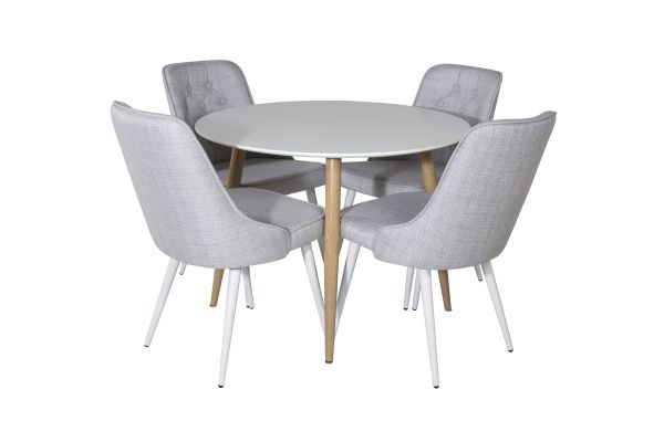 Imagine Vă rugăm să traduceți complet Plaza Runt Matbord - Ek-Look / Vit - ø100*H75 + Velvet Deluxe Dining Chair - White Legs - Light Grey Fabric _4