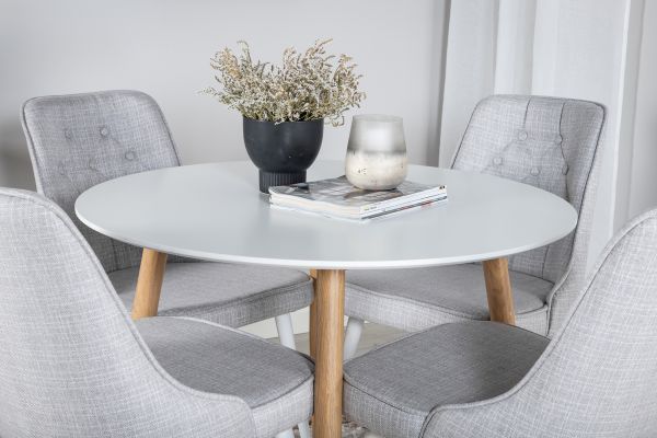 Imagine Vă rugăm să traduceți complet Plaza Runt Matbord - Ek-Look / Vit - ø100*H75 + Velvet Deluxe Dining Chair - White Legs - Light Grey Fabric _4