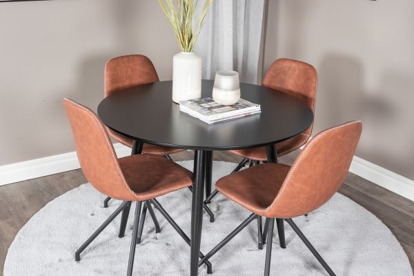 Imagine Plaza Runt Matbord - Svart / Svart - ø100*H75 +Polar Dining Chair with Spin function - black Legs - Brown PU - White Stitches _4