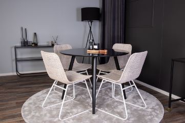 Imagine Plaza, masa de dining modernă și elegantă - negru / negru - ø100*H75 + Scaun de dining Cirebon - alb / alb natur, spălat cu rattan - 4