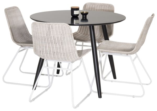 Imagine Plaza, masa de dining modernă și elegantă - negru / negru - ø100*H75 + Scaun de dining Cirebon - alb / alb natur, spălat cu rattan - 4