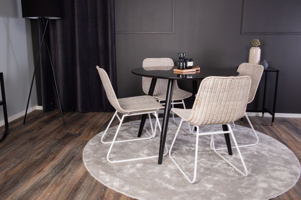 Imagine Plaza, masa de dining modernă și elegantă - negru / negru - ø100*H75 + Scaun de dining Cirebon - alb / alb natur, spălat cu rattan - 4