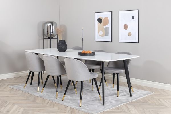 Imagine Masa de dining Polar Elips - Negru / Alb - 240*100*H75 + Scaun de dining Velvet Brass - Gri Deschis / Negru _6