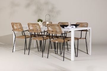 Imagine Masa de dining Break - Alb / Aintwood Alb + 6 scaune Lindos - Negru Alu / Sfoara Latte