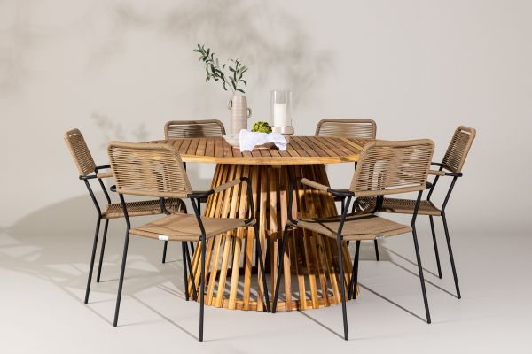 Imagine Tucumán Dining Table - Acacia ø120 +Lindos - Armchair - Black Alu / Latte Rope _6