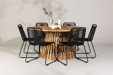 Imagine Tucumán Dining Table - Acacia ø120 +Lindos Stacking Chair - Black Alu / Black Rope _6