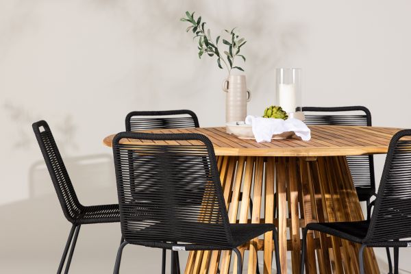 Imagine Tucumán Dining Table - Acacia ø120 +Lindos Stacking Chair - Black Alu / Black Rope _6