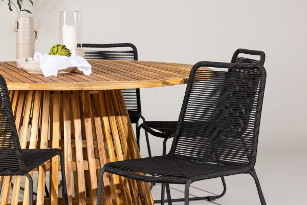 Imagine Tucumán Dining Table - Acacia ø120 +Lindos Stacking Chair - Black Alu / Black Rope _6