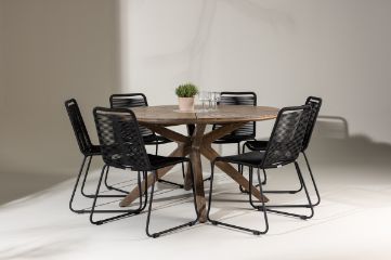 Imagine Rosario Dining Table- Teak Ø140 +Lindos Stacking Chair - Black Alu / Black Rope _6