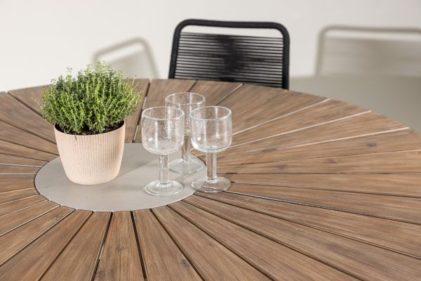 Imagine Rosario Dining Table- Teak Ø140 +Lindos Stacking Chair - Black Alu / Black Rope _6