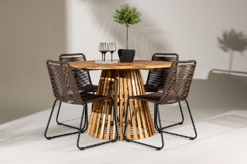 Imagine Masa de dining Lumpur Acacia - Aspect de teak / Rotund ø110**75 + Scaun de dining Lindos din aluminiu - Negru / _4