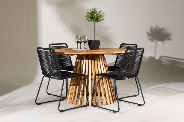 Imagine Lumpur Diningtable Acacia - Teaklook / Round ø110**75 +Lindos Stacking Chair - Black Alu / Black Rope _4