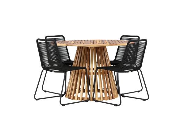 Imagine Lumpur Diningtable Acacia - Teaklook / Round ø110**75 +Lindos Stacking Chair - Black Alu / Black Rope _4