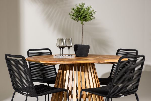 Imagine Lumpur Diningtable Acacia - Teaklook / Round ø110**75 +Lindos Stacking Chair - Black Alu / Black Rope _4