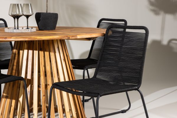 Imagine Lumpur Diningtable Acacia - Teaklook / Round ø110**75 +Lindos Stacking Chair - Black Alu / Black Rope _4