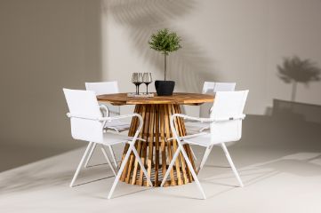 Imagine Lumpur Diningtable Acacia - Teaklook / Round ø110**75 +Alina Dining Chair - white Alu / White Textilene _4