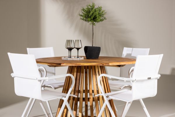 Imagine Lumpur Diningtable Acacia - Teaklook / Round ø110**75 +Alina Dining Chair - white Alu / White Textilene _4