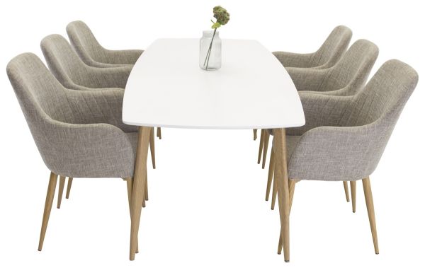 Imagine Tabel Polar Elipsa - 240cm Alb / Stejar + 6 scaune de dining Comfort - Stejar / Gri deschis