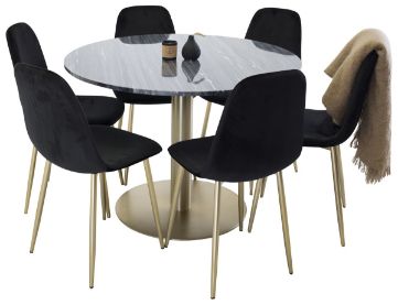 Imagine Vă rog să traduceți complet Estelle Dining Table round 106cm Grey Marble / Brass - Polar Chair - Black Velvet / Matt brass leg 6