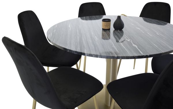 Imagine Vă rog să traduceți complet Estelle Dining Table round 106cm Grey Marble / Brass - Polar Chair - Black Velvet / Matt brass leg 6