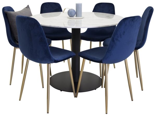 Imagine Masa de dining Estelle rotunda de 106cm, marmură albă / picioare negre - Scaun Polar - Catifea albastră / picior din alamă lucioasă 6