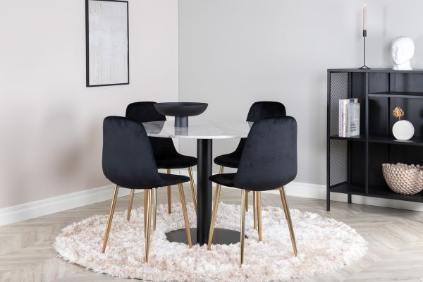 Imagine Masa de dining Estelle rotunda 106cm marmură albă / picioare negre - Scaun Polar - Catifea neagră / picior de alamă mat 4