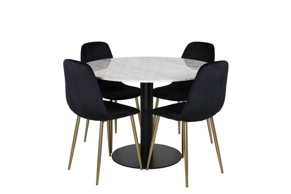 Imagine Masa de dining Estelle rotunda 106cm marmură albă / picioare negre - Scaun Polar - Catifea neagră / picior de alamă mat 4