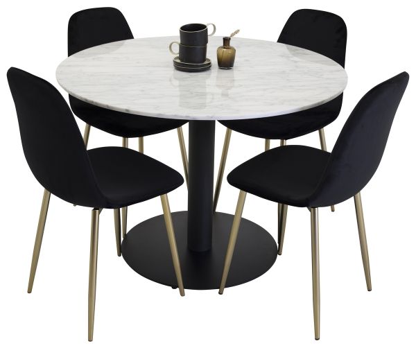 Imagine Masa de dining Estelle rotunda 106cm marmură albă / picioare negre - Scaun Polar - Catifea neagră / picior de alamă mat 4