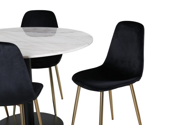 Imagine Masa de dining Estelle rotunda 106cm marmură albă / picioare negre - Scaun Polar - Catifea neagră / picior de alamă mat 4