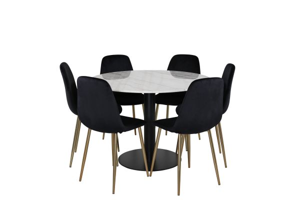 Imagine Estelle Dining Table round 106cm White marble / Black Legs - Polar Chair - Black Velvet / Matt brass leg 6