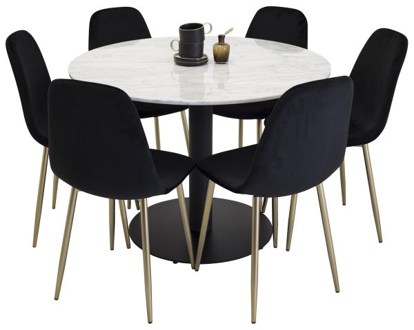 Imagine Estelle Dining Table round 106cm White marble / Black Legs - Polar Chair - Black Velvet / Matt brass leg 6