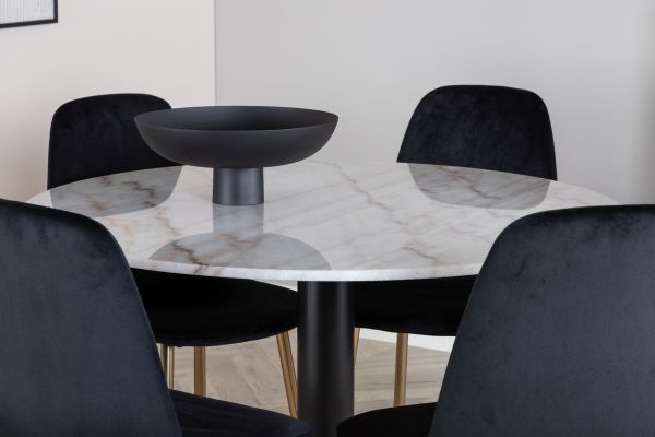 Imagine Estelle Dining Table round 106cm White marble / Black Legs - Polar Chair - Black Velvet / Matt brass leg 6