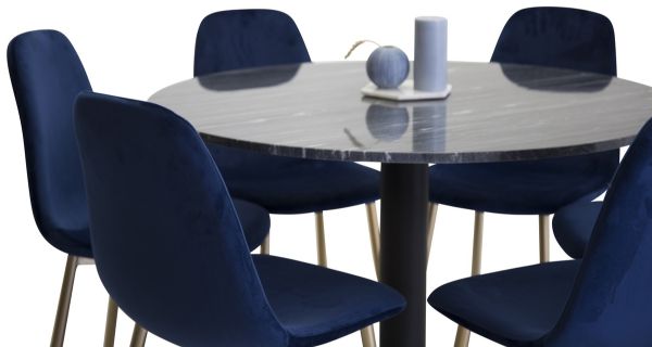 Imagine Vă rugăm să traduceți complet Tabelul de dining Estelle rotund 106cm Marmură Gri / Picioare Negre - Scaun Polar - Catifea Albastră / Picior Matt din alamă 6