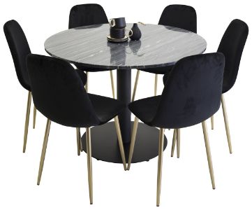 Imagine Masa de dining Estelle rotunda de 106cm, marmură gri / picioare negre - 6 scaune Polar - catifea neagră / picior de metal finisaj mat