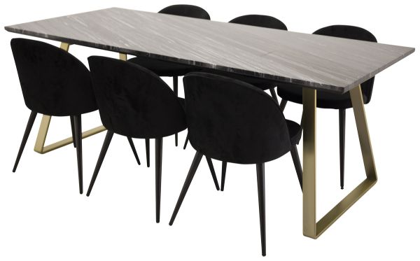 Imagine Estelle Matbord - Borstad Mässing / Svart Marmor - 200*90*H76+Velvet Matstol - S