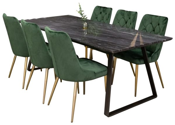 Imagine Masa de dining Estelle 200*90 din marmură gri / picioare negre - 6 scaune Velvet Deluxe - verde smarald / picior din alamă mat