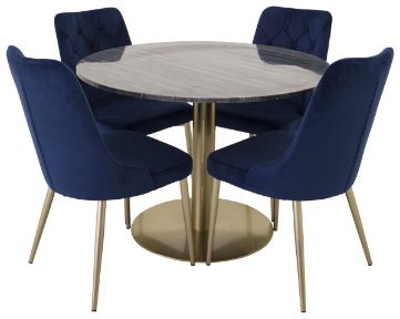 Imagine Va rugam sa traducem complet Estelle Dining Table rotund 106cm Gri Marmura / Alama- Scaun Velvet Deluxe - Albastru/Picioare Mat Brass 4