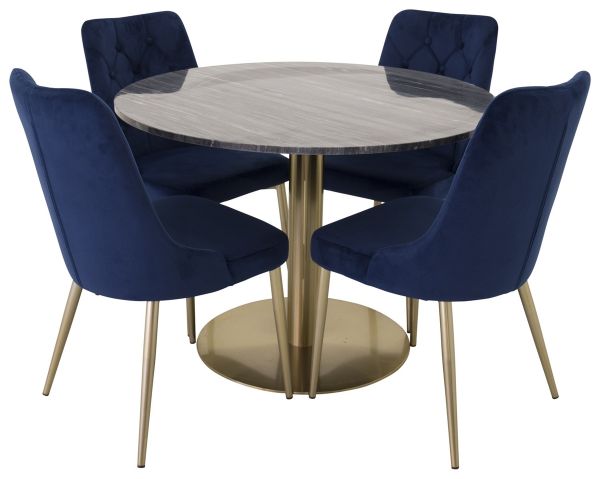 Imagine Va rugam sa traducem complet Estelle Dining Table rotund 106cm Gri Marmura / Alama- Scaun Velvet Deluxe - Albastru/Picioare Mat Brass 4